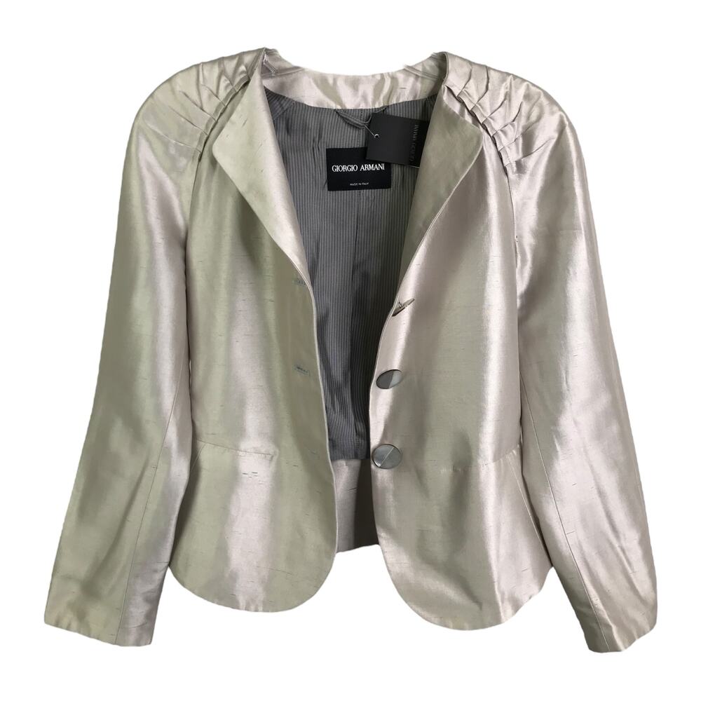 Giorgio Armani Women Blazer Jacket Satin Cream Silk Peplum Waist Sz 38 NWT $2075